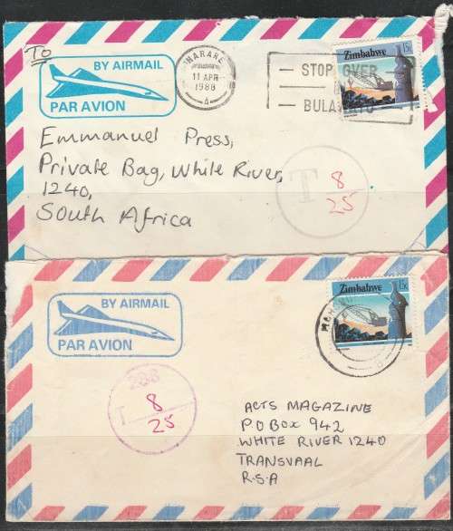 TWO COVERS TO SOUTH AFRICA FROM ZIMBABWE WITH DIFFERENT POSTAGE DUE STRIKES LOOK SCAN