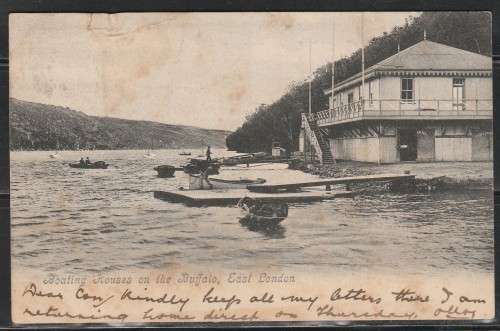 A PICTURE POST CARD OF BOATING HOUSES ON THE BUFFALO EAST LONDON LOOK SCAN X 2