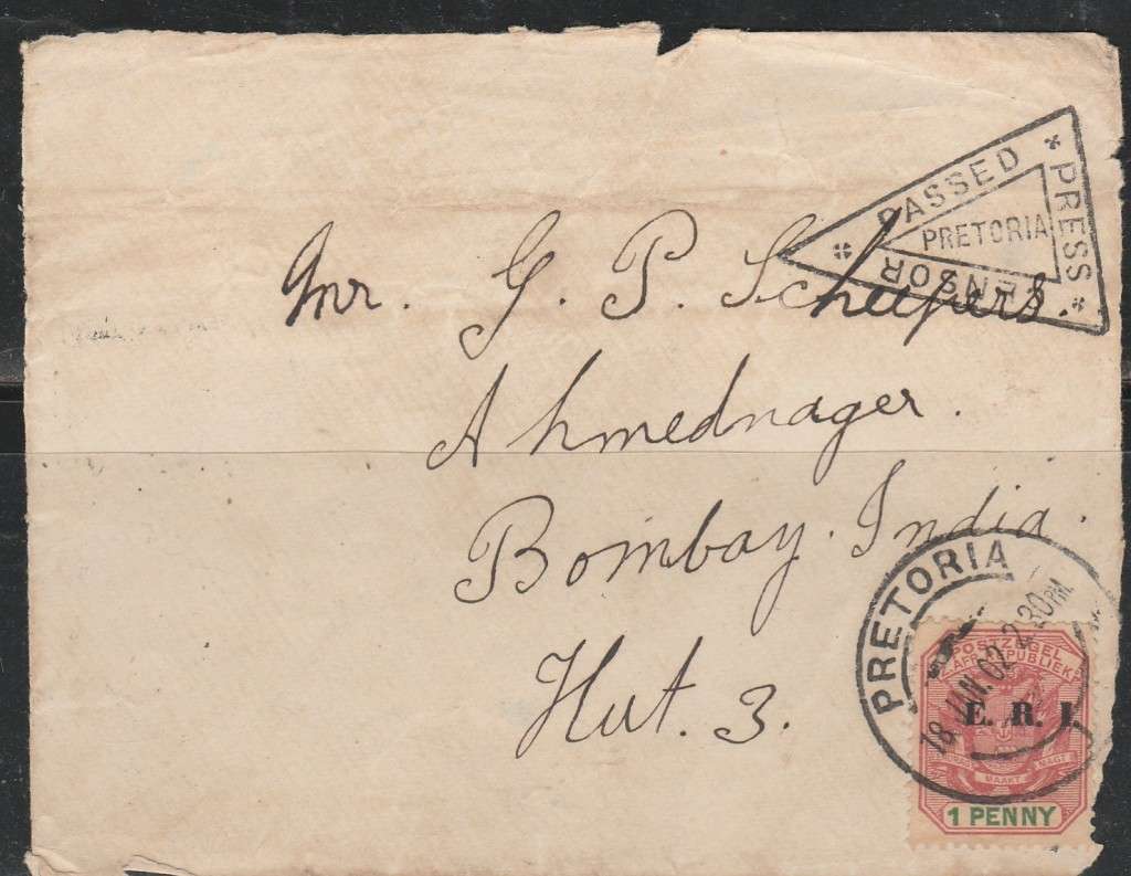 BOER WAR FRONT CENSORED TO BOMBAY 1902 FRANKED WITH TRANSVAAL 1df CANCELED PRETORIA LOOK SCAN