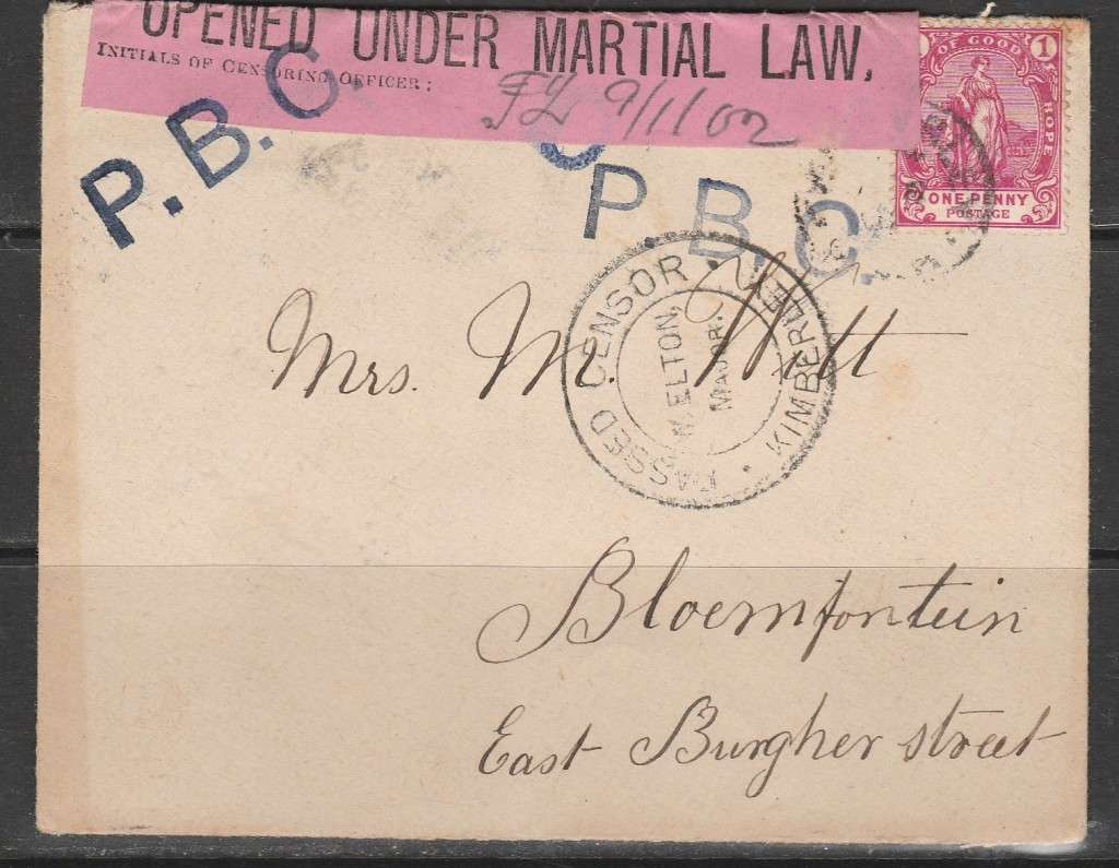 BOER WAR 1902 MAILED CAPE TO BLOEMFONTEIN P.B.C.  AND CENSOR W.ELTON MAJOR LOOK SCAN X 2
