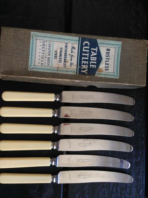Vintage Sheffield Cooper Bros Stainless Steel Bone Handle Table Knives