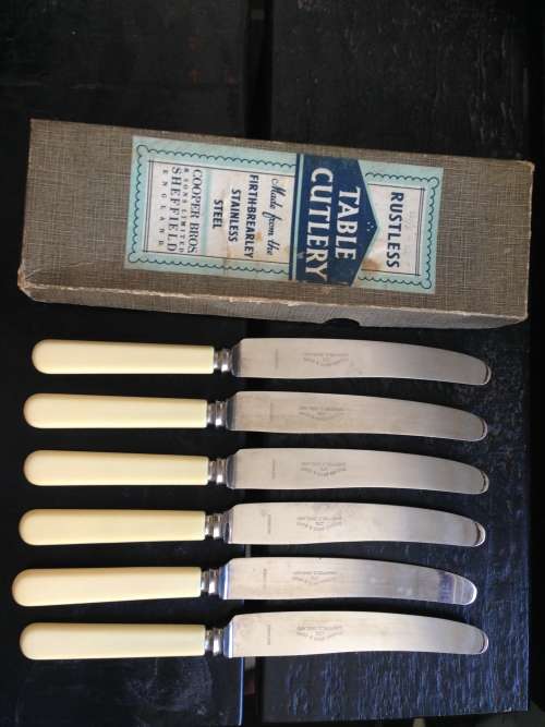 Vintage Sheffield Cooper Bros Stainless Steel Bone Handle Table Knives
