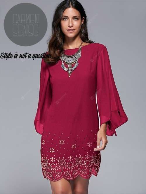 Dress - Bohemian style bell sleeve rhinestone crystal detail pattern dress - red - size medium