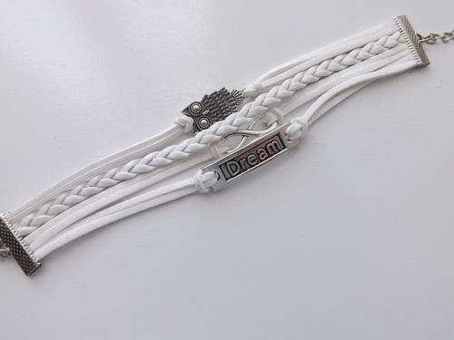 White Bracelet with Owl/Dream/Infinity Charms