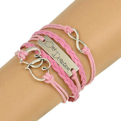 One Direction Leather Double Heart Infinity Bracelet - Pink