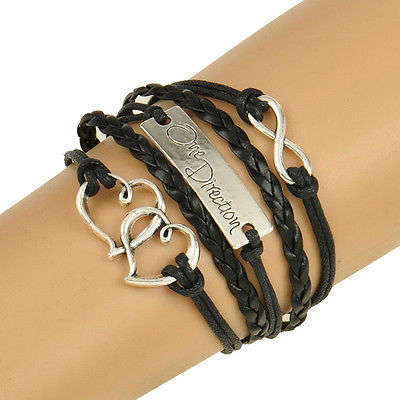 One Direction Leather Double Heart Infinity Bracelet - Black