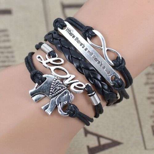 Infinity Bracelet - Black - Elephant/Love