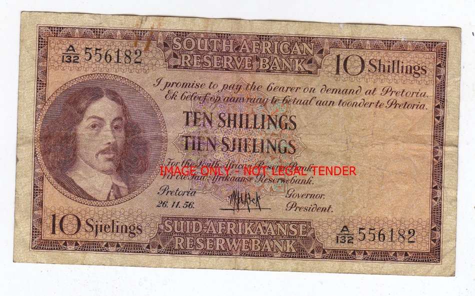 SOUTH AFRICA 10 shillings  DE KOCK a132 556182 - 26.11.56