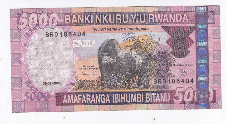 RWANDA 5000 FRANCS 2009 GORILLA FACE VALUE R75