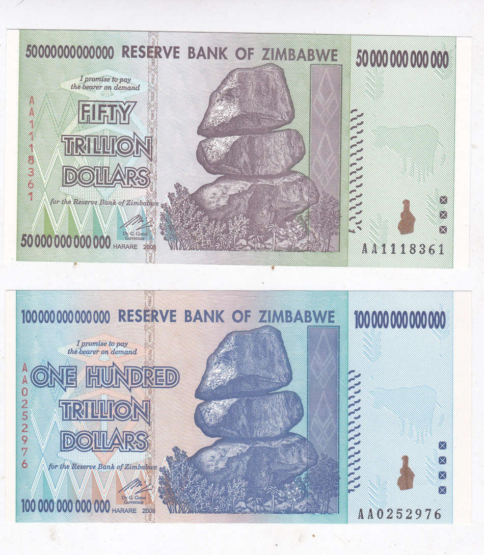 ZIMBABWE SET 10,20,50 & 100 TRILLION DOLLARS UNC