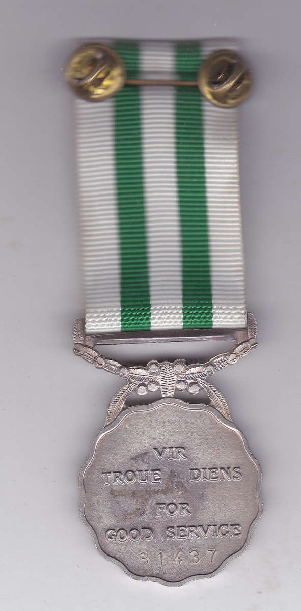 SADF GOOD SERVICE MEDAL- 20 YEARS-  F/S SILVER #81437 MOUNTED AS WORN