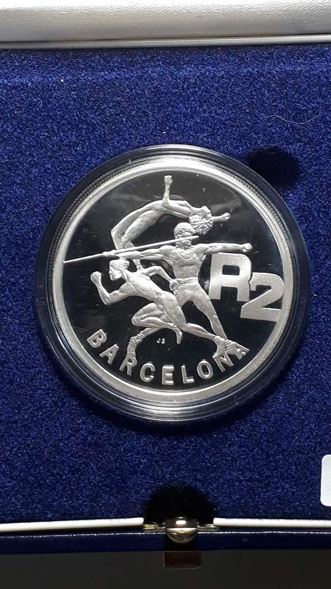 SOUTH AFRICA R2 BARCELONA OLYMPICS 1 OUNCE SILVER IN MINT BOX