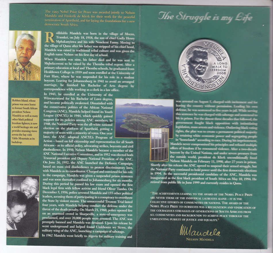 MANDELA 1 oz SILVER ROBBEN ISLAND IN GREEN FOLDER -MINT OF NORWAY