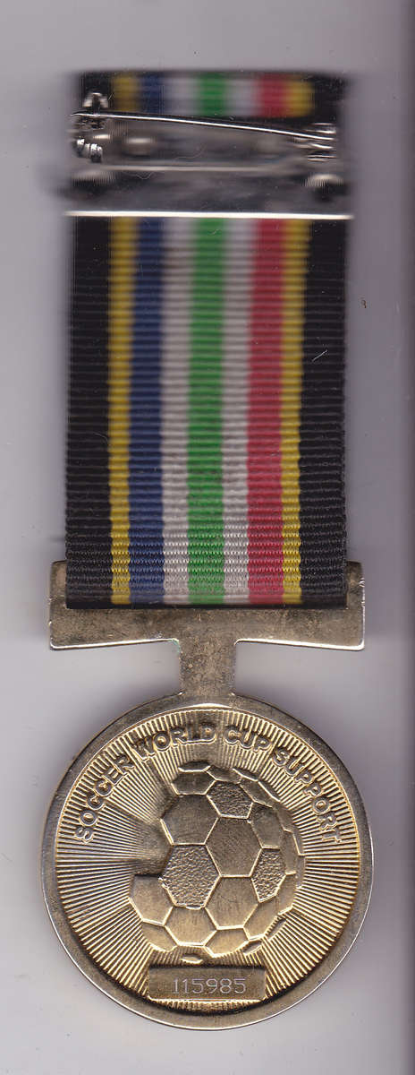 SOUTH AFRICA SAPS SOCCER WORLD CUP 2010 SUPPORT MEDAL - MOUNTED AS WORN