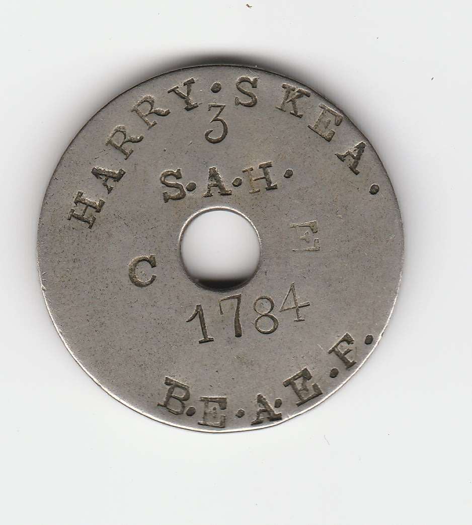 WW1 3 S.A.H - HARRY SKEA- B.E.A.E.F-  ID TAG - MADE ON 10 CENT UGANDA PROTECTORATE 1912 COIN