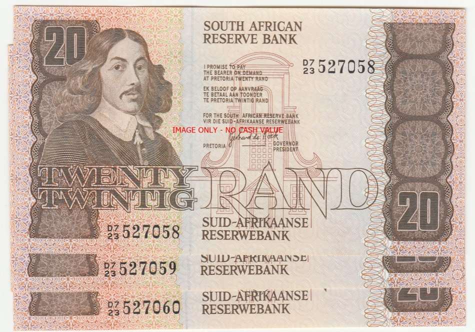 SOUTH AFRICA R20 G DE KOCK 3rd ISSUE - 3 CONSECUTIVE NOTES AUNC
