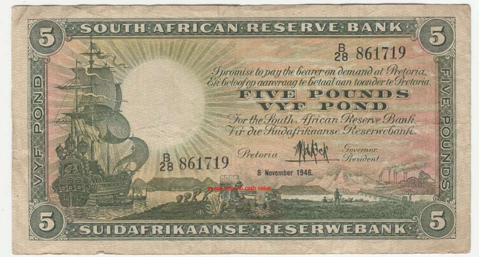 SOUTH AFRICA FIVE POUNDS DE KOCK 8 NOVEMBER 1948 B 28 861719