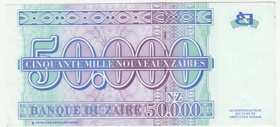 ZAIRE 50000 ZAIRES 30-1-1996 ABOUT UNC