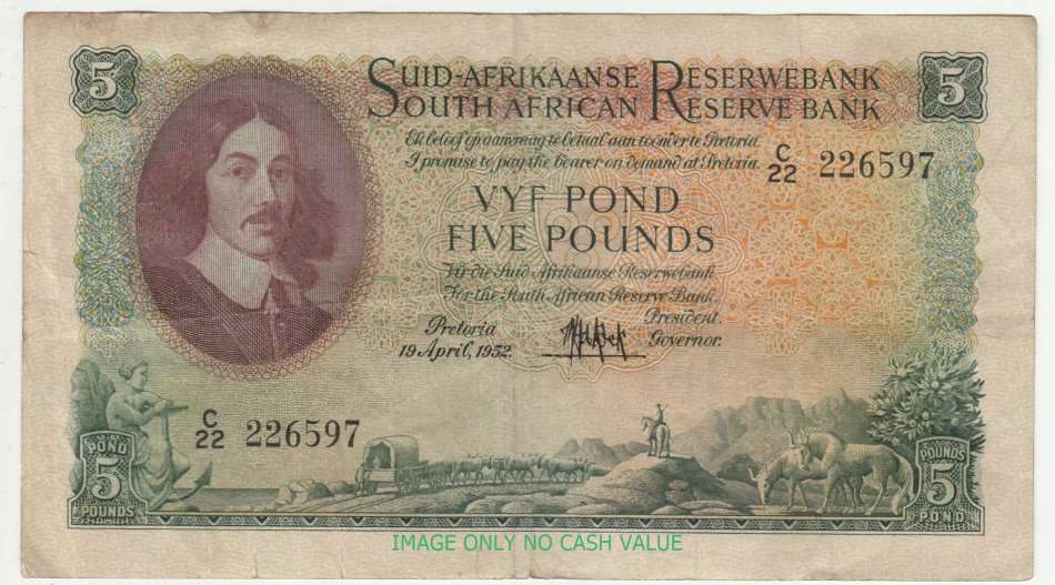 SOUTH AFRICA 5 POUNDS 19 APRIL 1952 DE KOCK