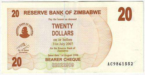 ZIMBABWE 20 DOLLARS 31ST JULY 2007 - WATERFALL