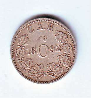 ZAR SIXPENCE 1892 - MINTAGE ONLY 28 300 F = R950 VF = R2400