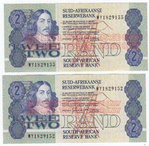 TWO CONSECUTIVE  REPLACEMENT 2 RANDS G.P.C. DE KOCK WY1829132/3 THIRD ISSUE 1990