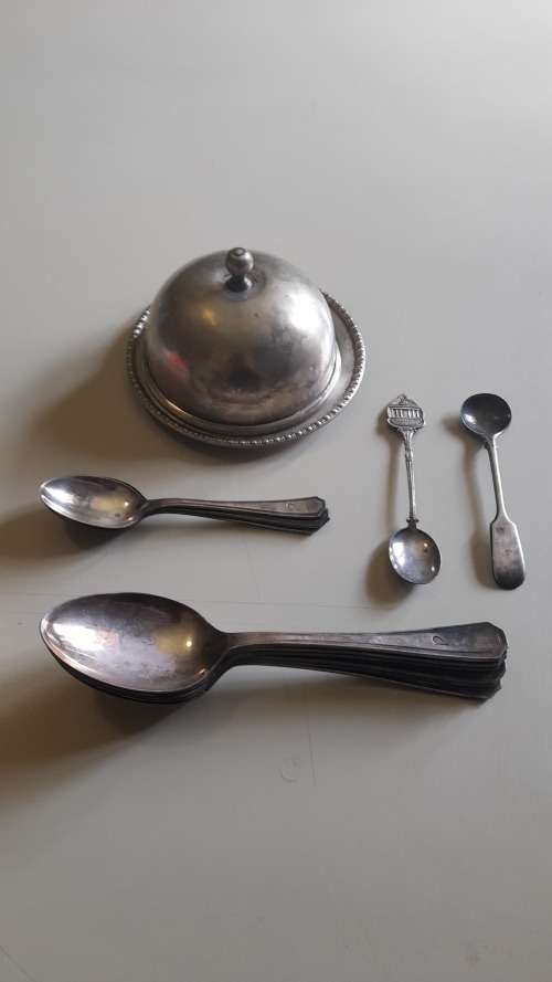 Lot of silver and silver plated spoons and butter dish
