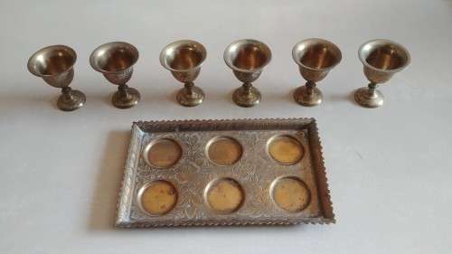 Vintage Indian Brass Tray with 6 Goblets - 417g
