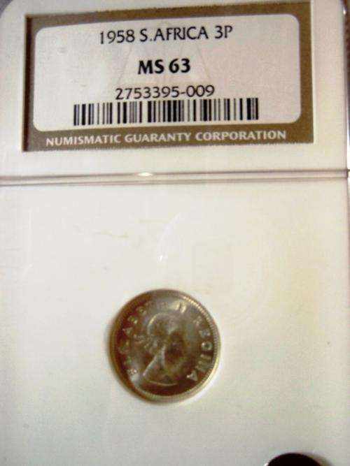 !!!!1958 S.AFRICA 3 PENCE  MS 63!!!!