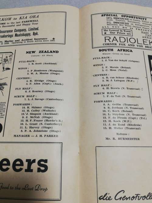 South Africa vs New Zealand 13.08.1949 Official Rugby Souvenir Programme
