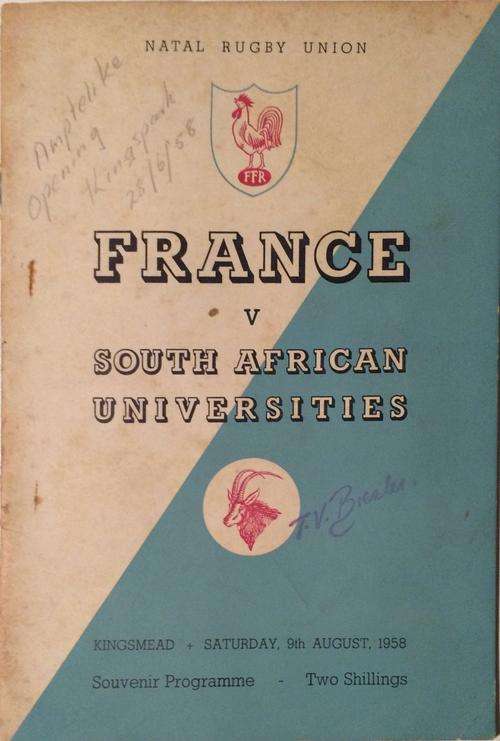 France vs SA Universities 9 Aug 1958 programme