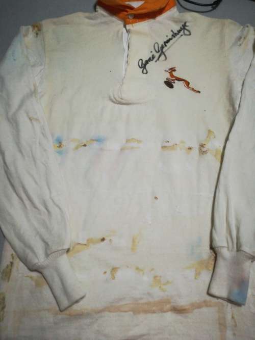 Springbok White Jersey signed Gerrie Germishuys can be reframed!