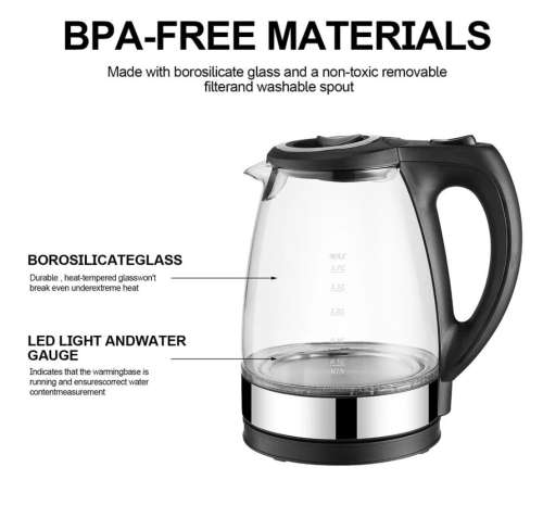 Electric Kettle Stainless Steel Glass  Pot Electric Water Heater with Blue Led - White NEW