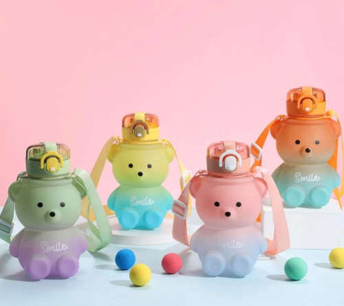 Bear Shaped Water Bottle with Built-In Straw and Carry Strap - 1.3L