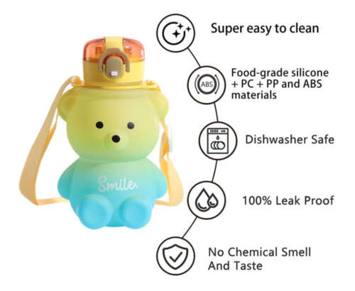 Bear Shaped Water Bottle with Built-In Straw and Carry Strap - 1.3L