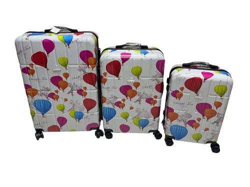 3 Piece Hard Outer Shell 360 Degree Rotating 4 Wheel Spinner Luggage Set - Hot Air Balloon Print