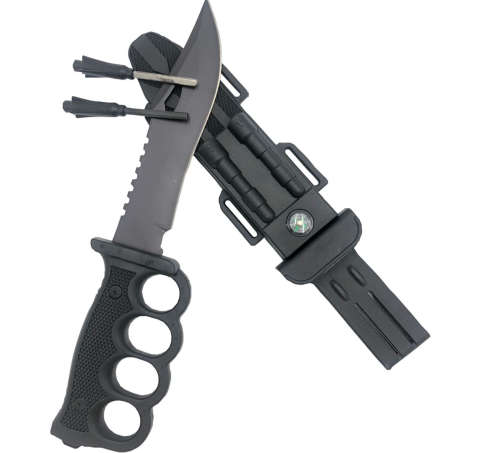 Knuckleduster Grip Survival Hunting Knife With Flint Sharpener & Compass