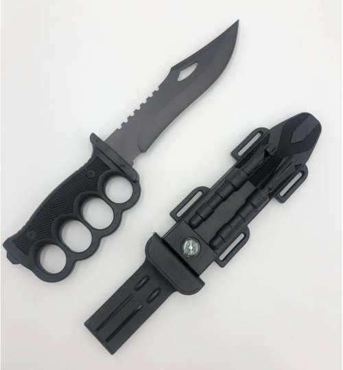 Knuckleduster Grip Survival Hunting Knife With Flint Sharpener & Compass