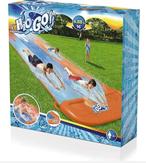 OUTDOOR BESTWAY H20GO DOUBLE WATER SLIP AND SLIDE 4.88M INFLATABLE GARDEN GAMES WITH BUILD SPRINKLES