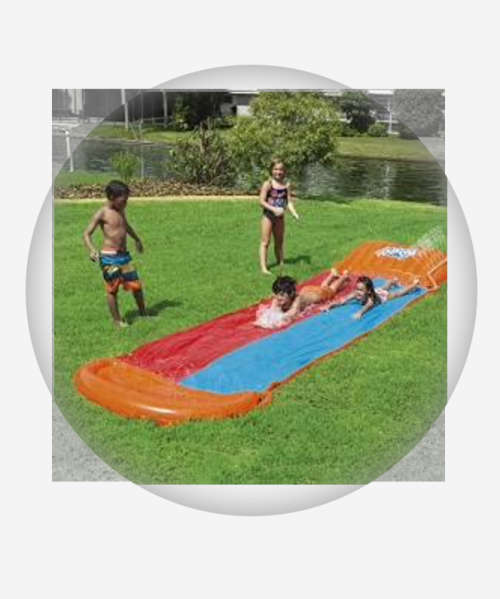 OUTDOOR BESTWAY H20GO DOUBLE WATER SLIP AND SLIDE 4.88M INFLATABLE GARDEN GAMES WITH BUILD SPRINKLES