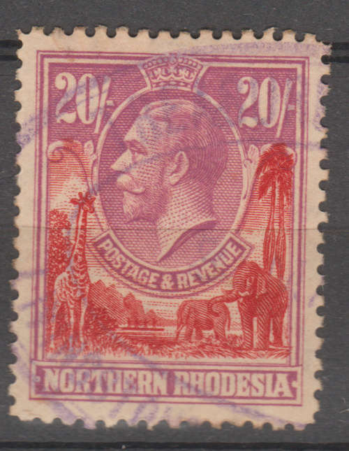 Northern Rhodesia 1925 KGV 20s carmine-red & rose-purple. Fiscally used.