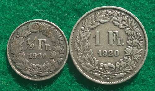 Switzerland 1920 half and 1 Franc