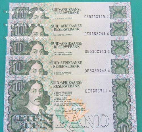 R10.00 notes De Kock DE 5352741 to DE 5352745 Uncirculated notes