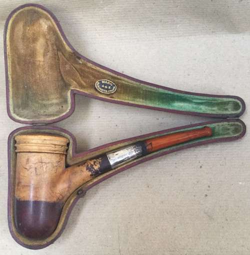 Antique meerschaum, amber and silver pipe .....sold by Ward of Burlington Arcade