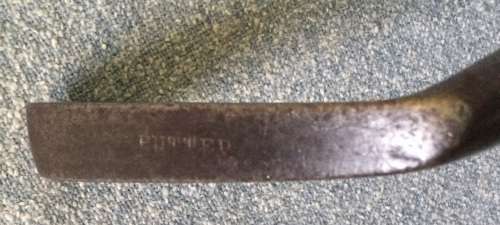 Antique hand forged hickory shaft putter...maker unclear...length to heel 86.5 cms