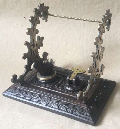 19thC Cast iron and brass pen holder and cleaning brush