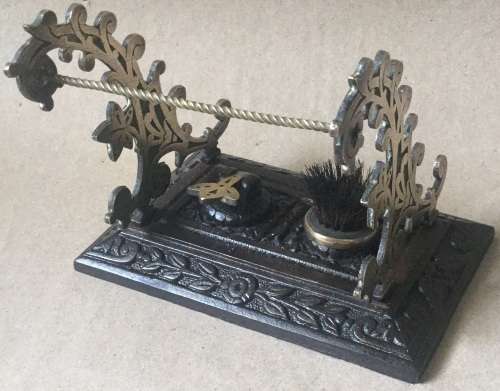 19thC Cast iron and brass pen holder and cleaning brush