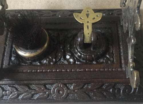 19thC Cast iron and brass pen holder and cleaning brush