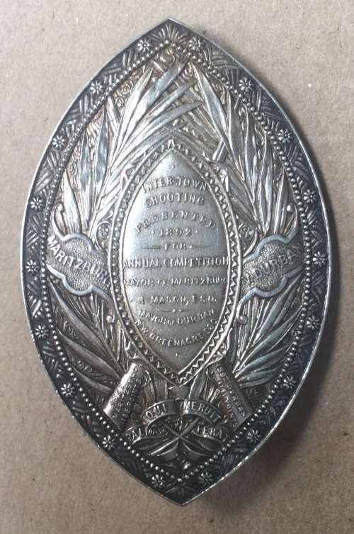 1892-3 Inter-town sterling silver shooting medallion, Maritzburg v Durban...33 grams, 59 x 48 mm.