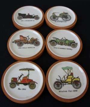 VINTAGE CAR PORCELAIN AND WOOD COASTERS